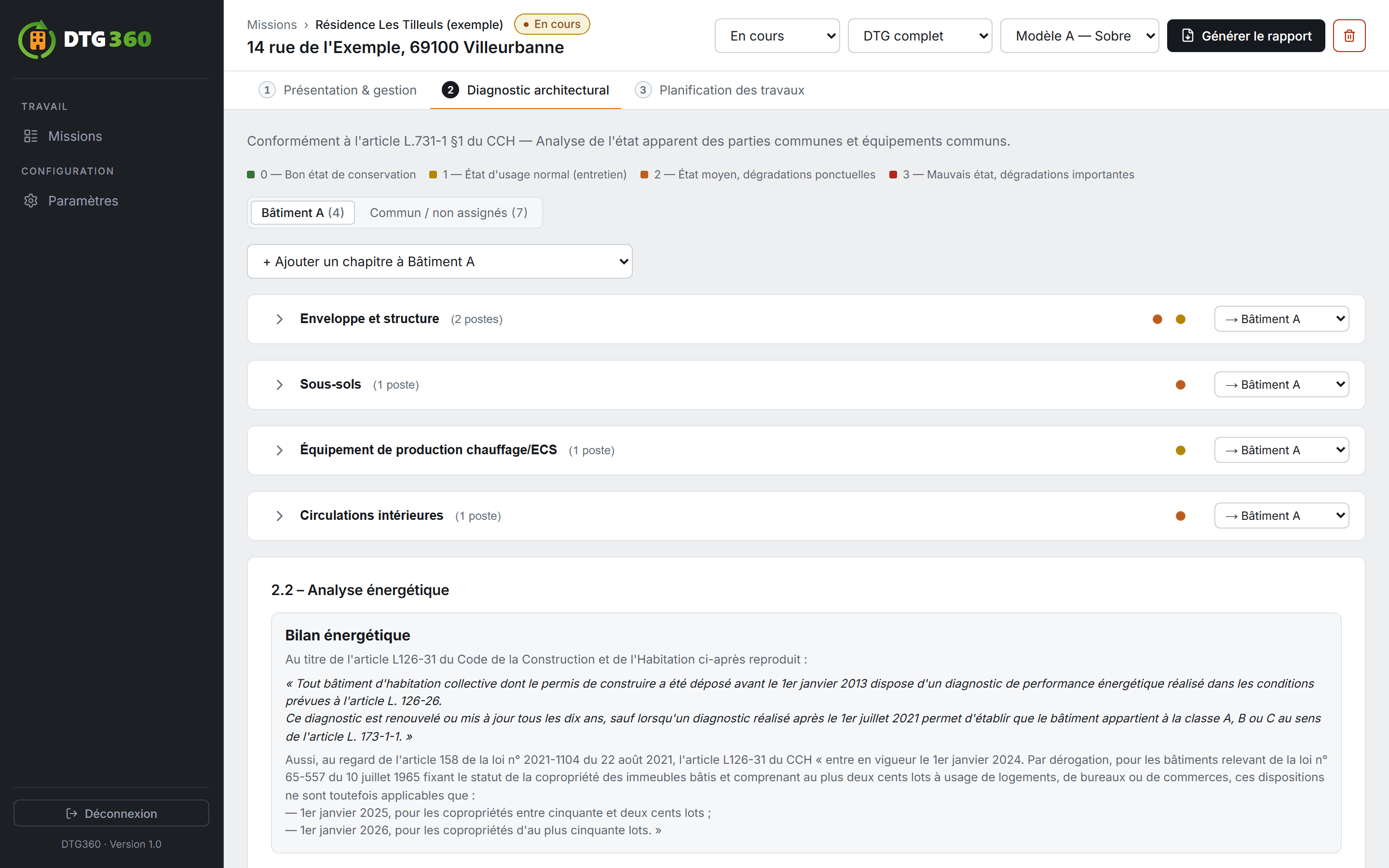 Écran de diagnostic architectural : chapitres d’inspection, échelle de risque et analyse énergétique.